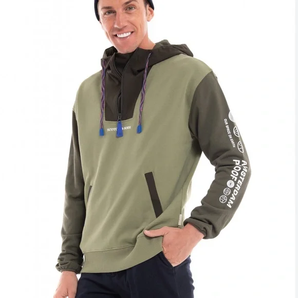 Scotch and soda Amsterdam hoodie Unisex M green 1/4 zip organic cotton - Picture 1 of 14